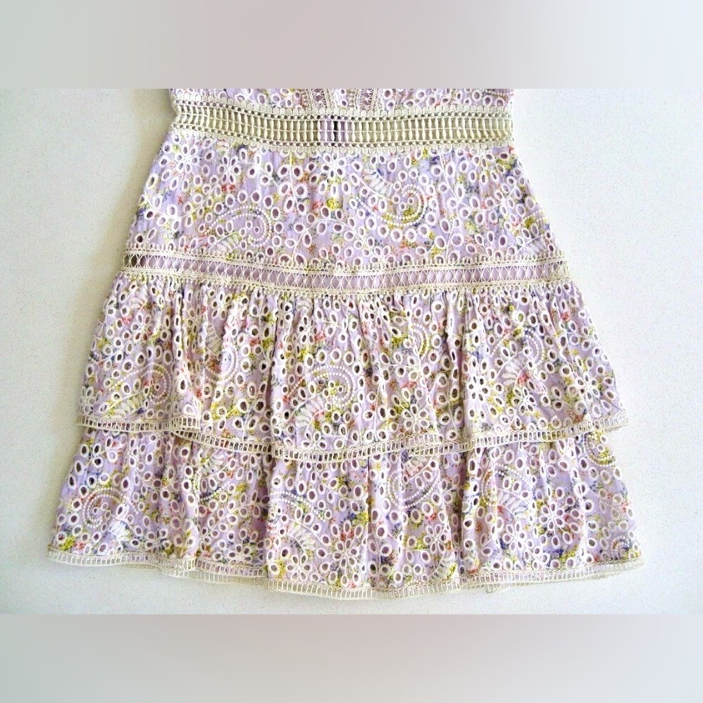 ALICE + OLIVIA Tonie Floral Lace Eyelet Tiered Ruffle Mini Sleeveless Dress - Picture 12 of 12